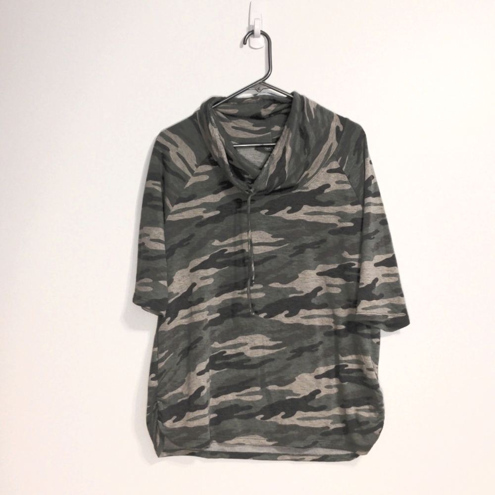 XL camo cowl neck top